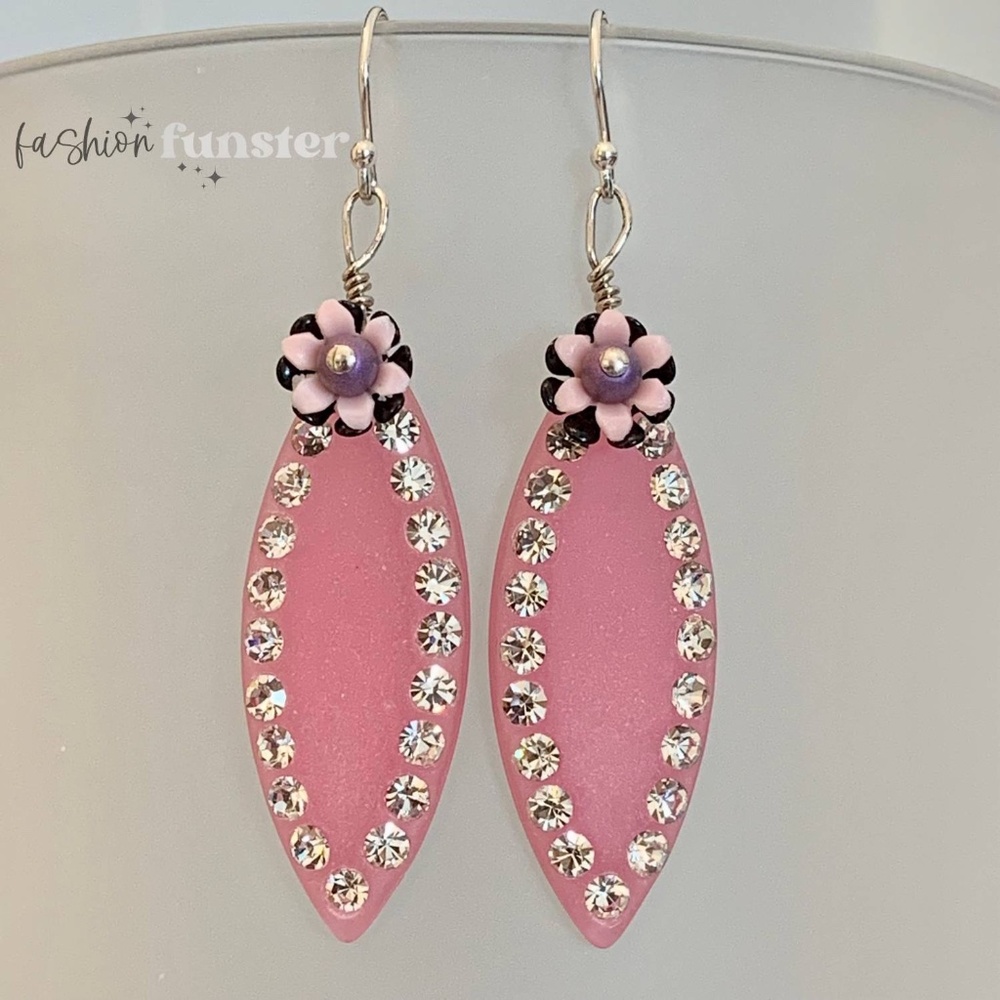 Vintage 1960s Floral Crystal Rhinestone Lucite Long Ellipse Dangle Drop Earrings - Picture 4 of 5